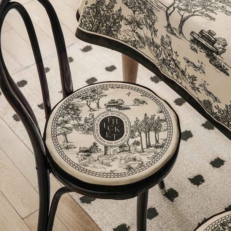 black toile de Jouy round cushion