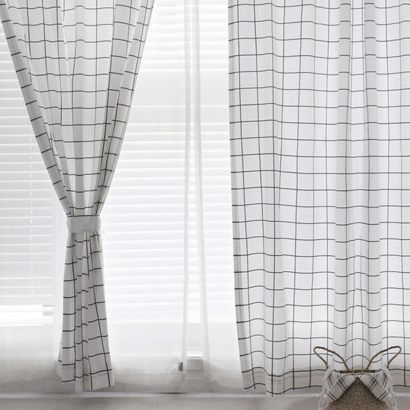 gray check curtain