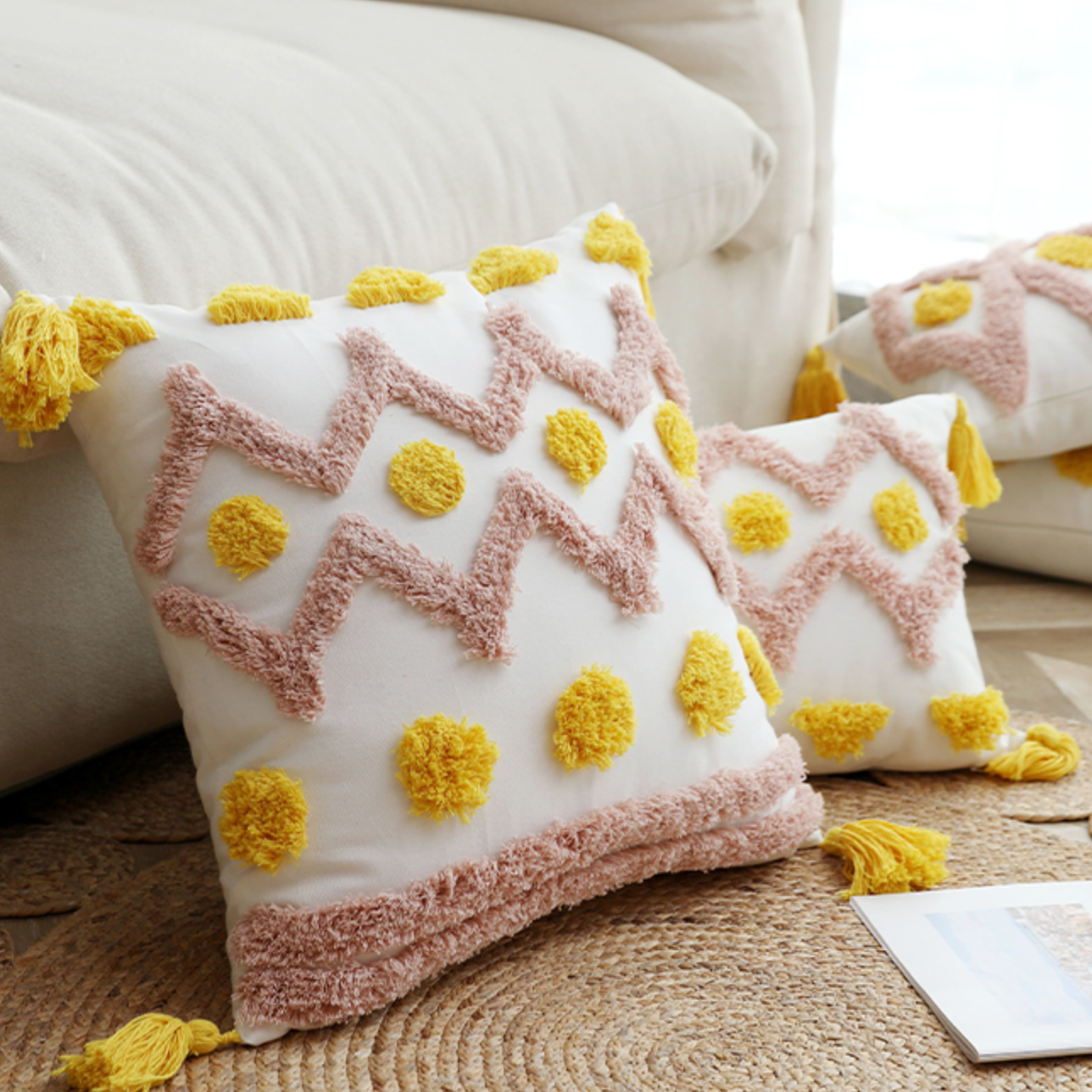 pink × yellow boa cushion