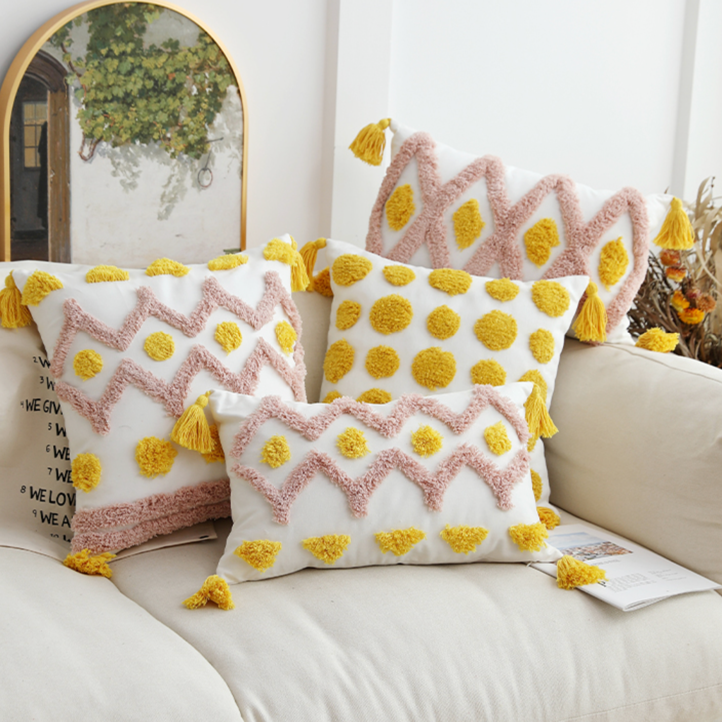 pink × yellow boa cushion