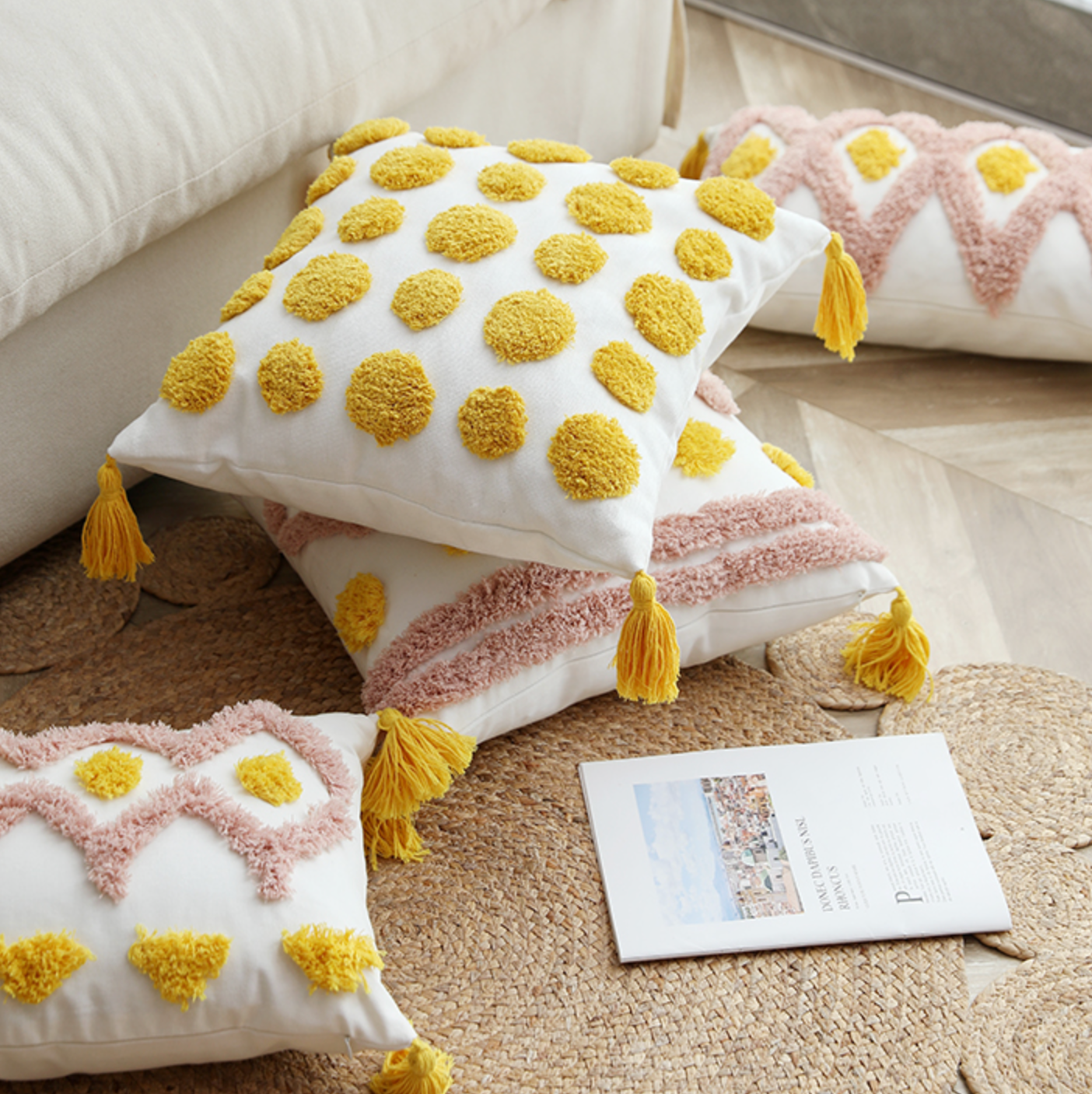 pink × yellow boa cushion
