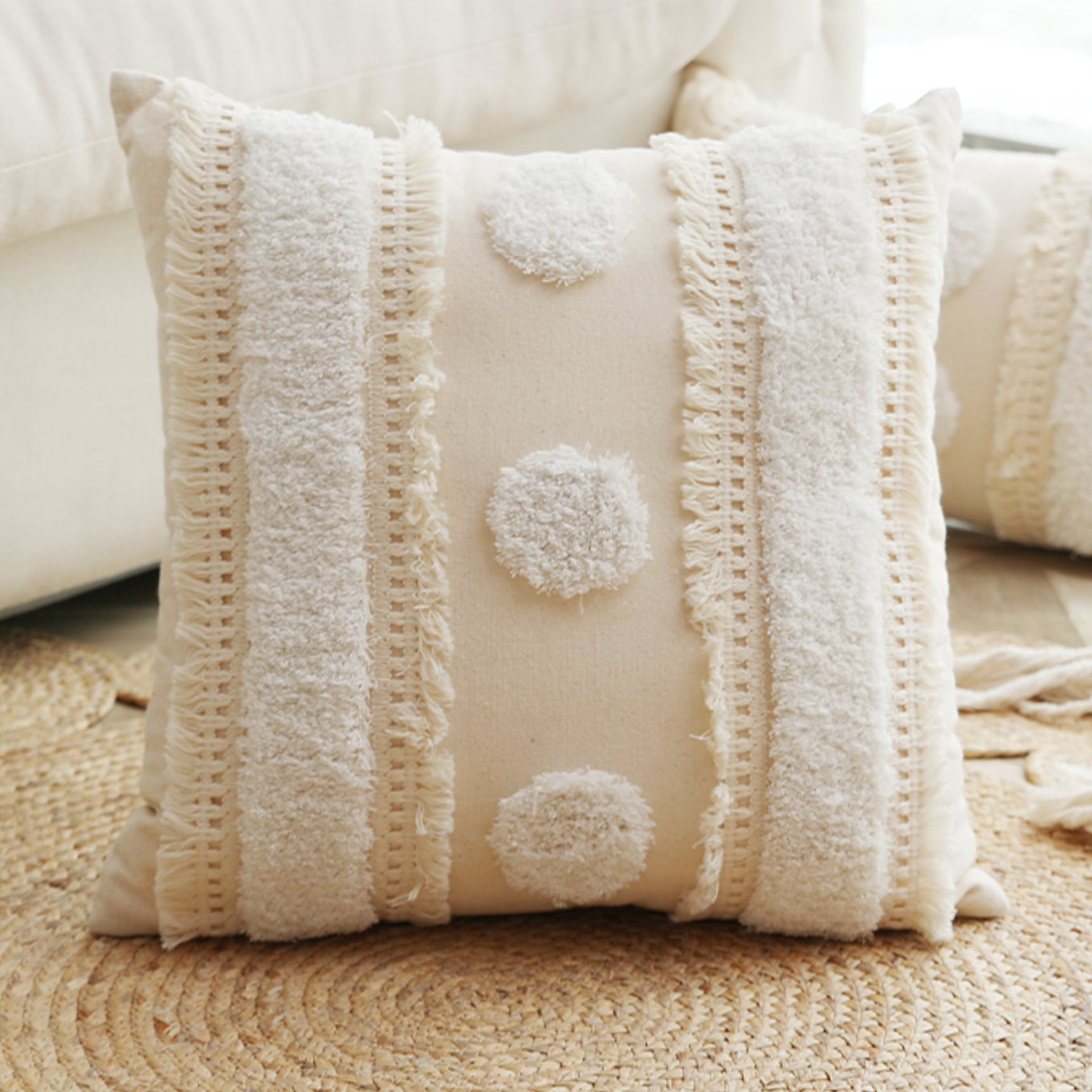 beige fringe boa cushion