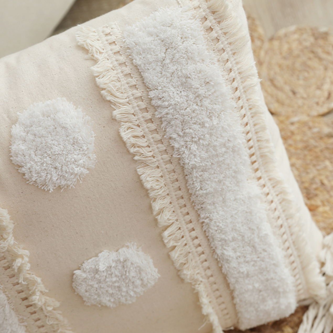 beige fringe boa cushion