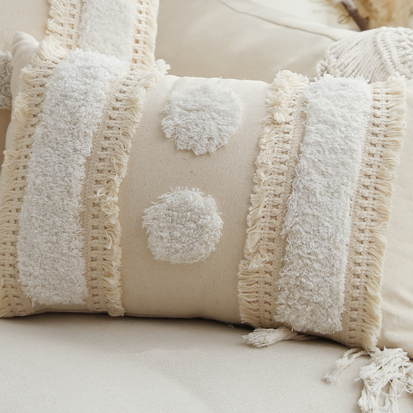 beige fringe boa cushion