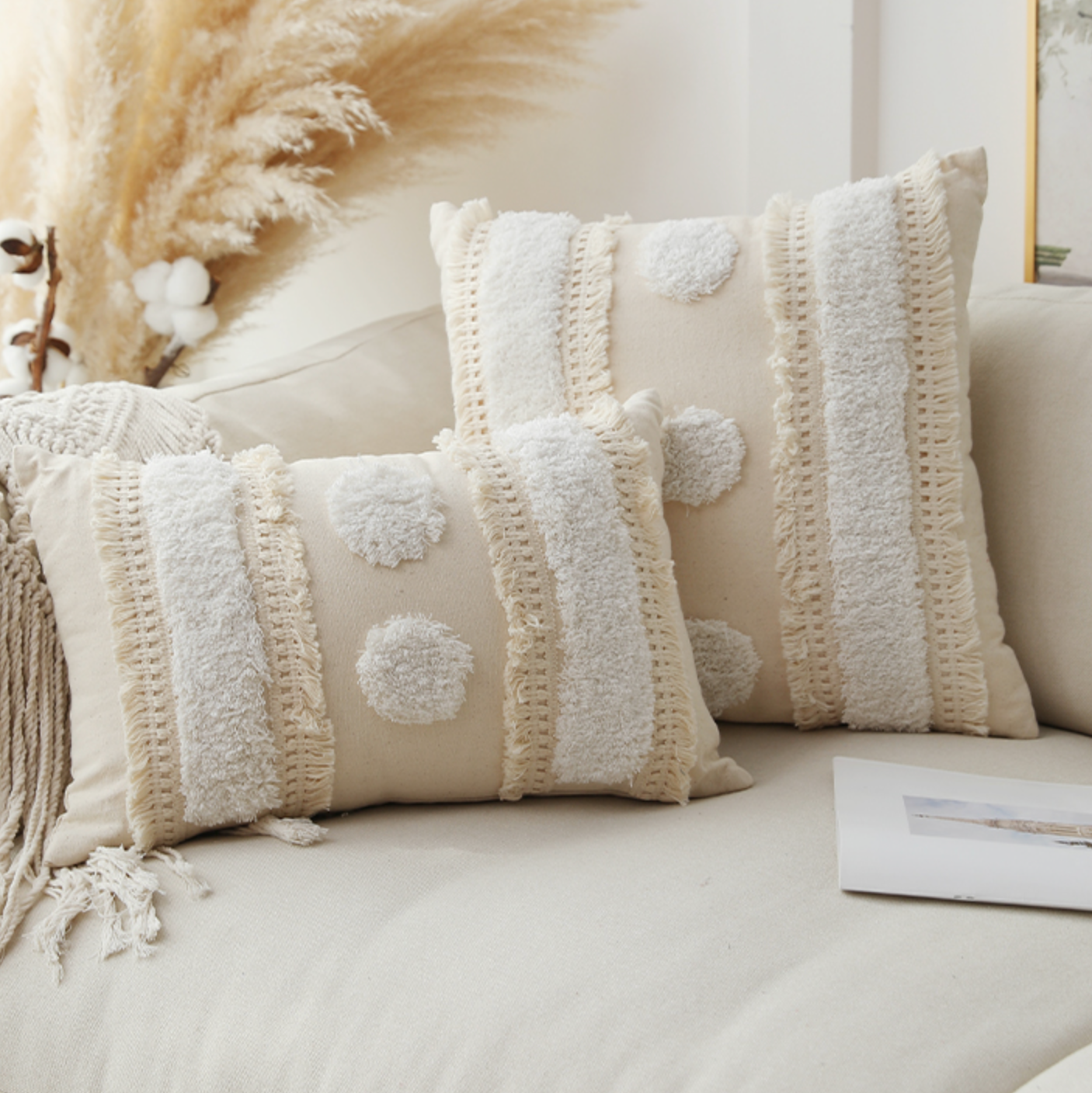 beige fringe boa cushion
