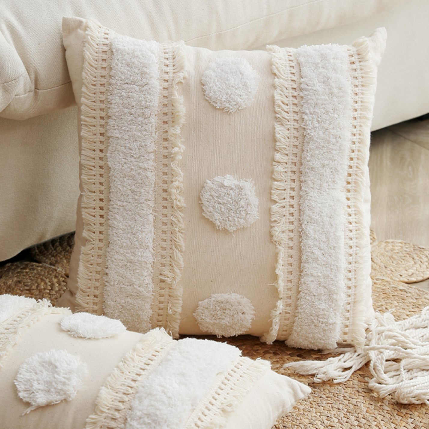beige fringe boa cushion