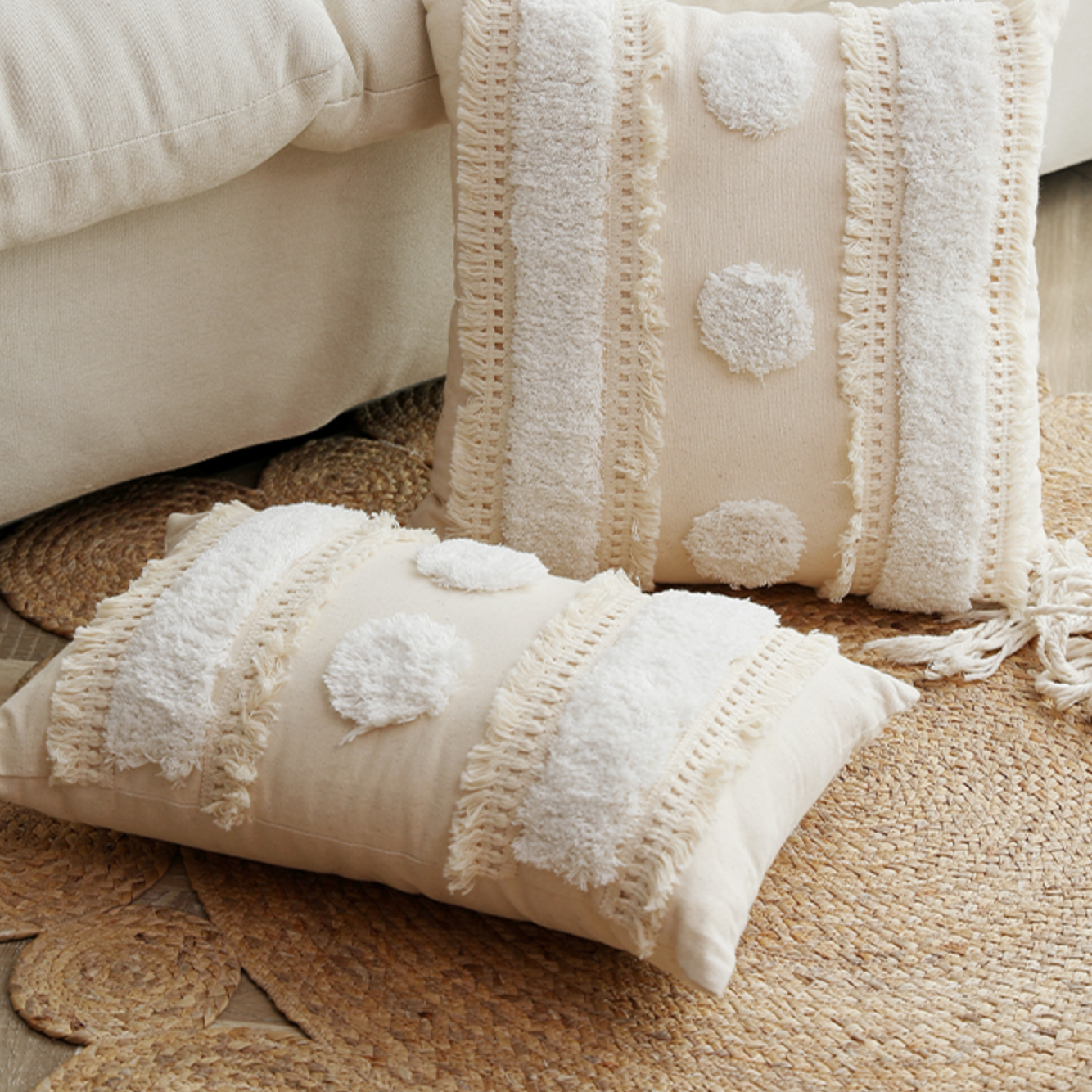 beige fringe boa cushion
