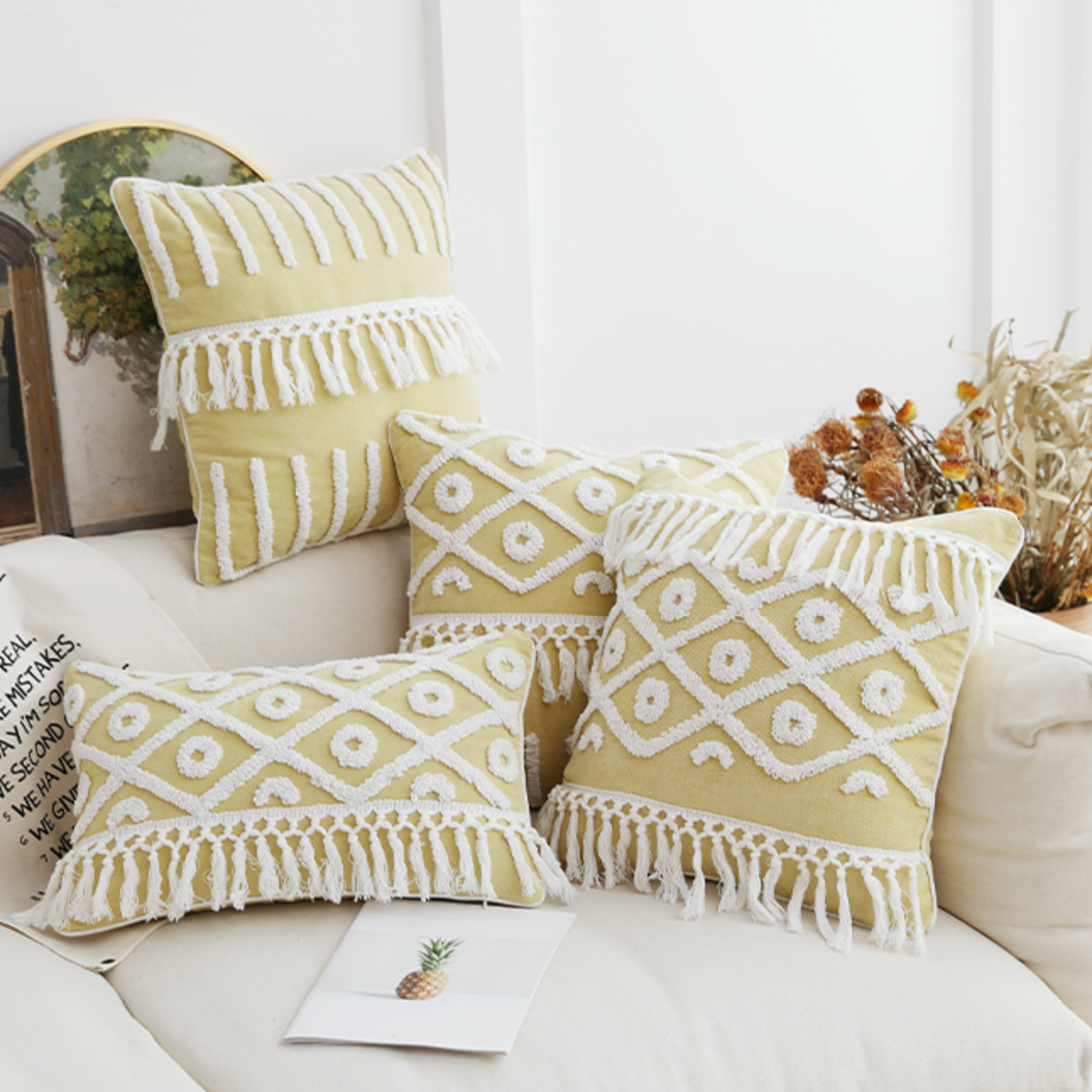 lemon fringe boa cushion