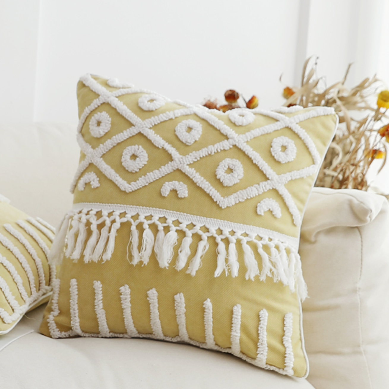 lemon fringe boa cushion