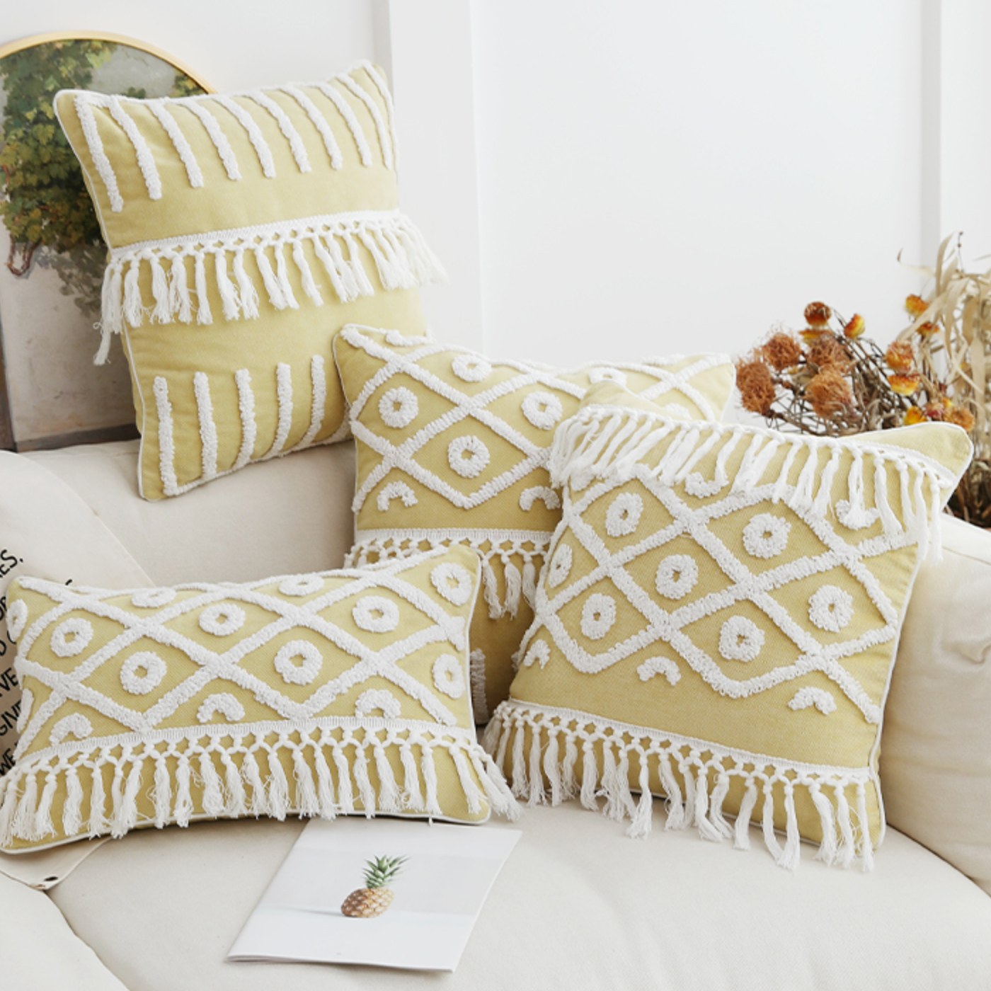 lemon fringe boa cushion