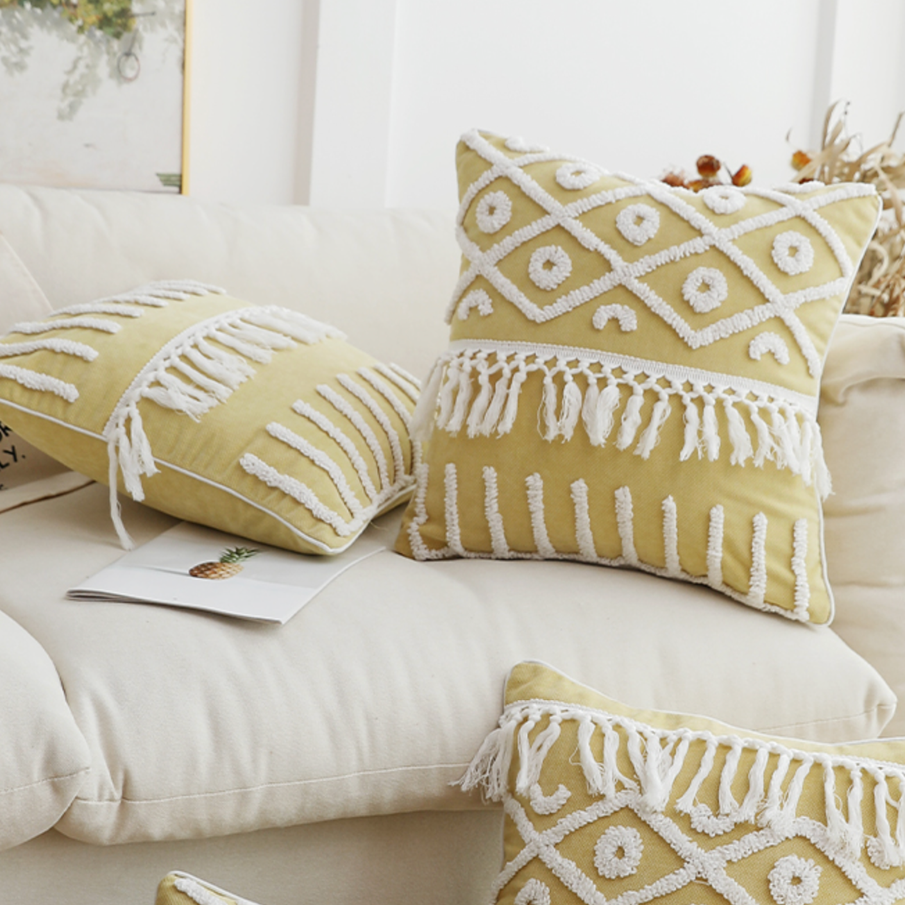lemon fringe boa cushion