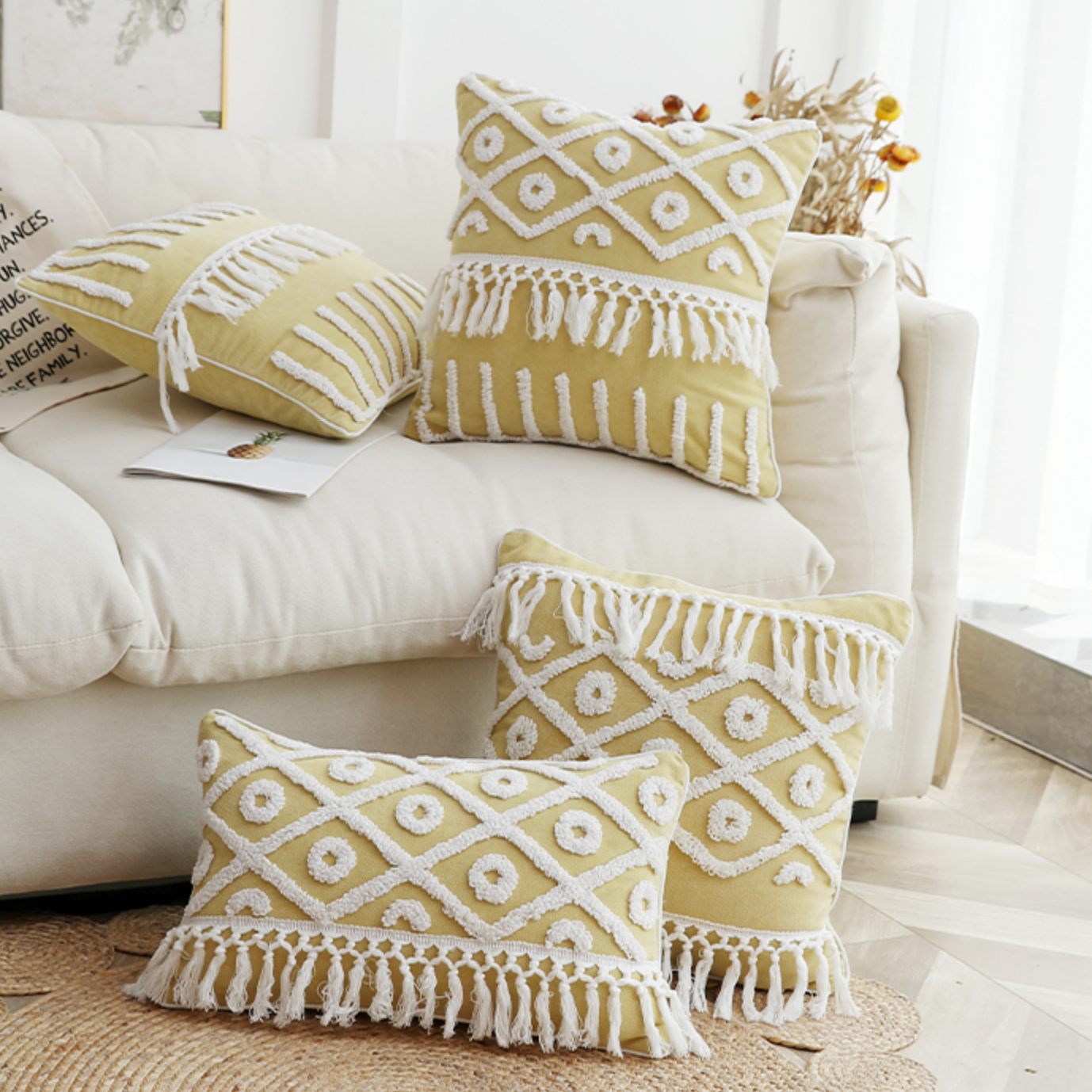 lemon fringe boa cushion