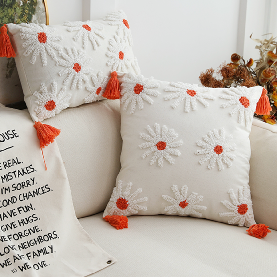 orange daisy boa cushion