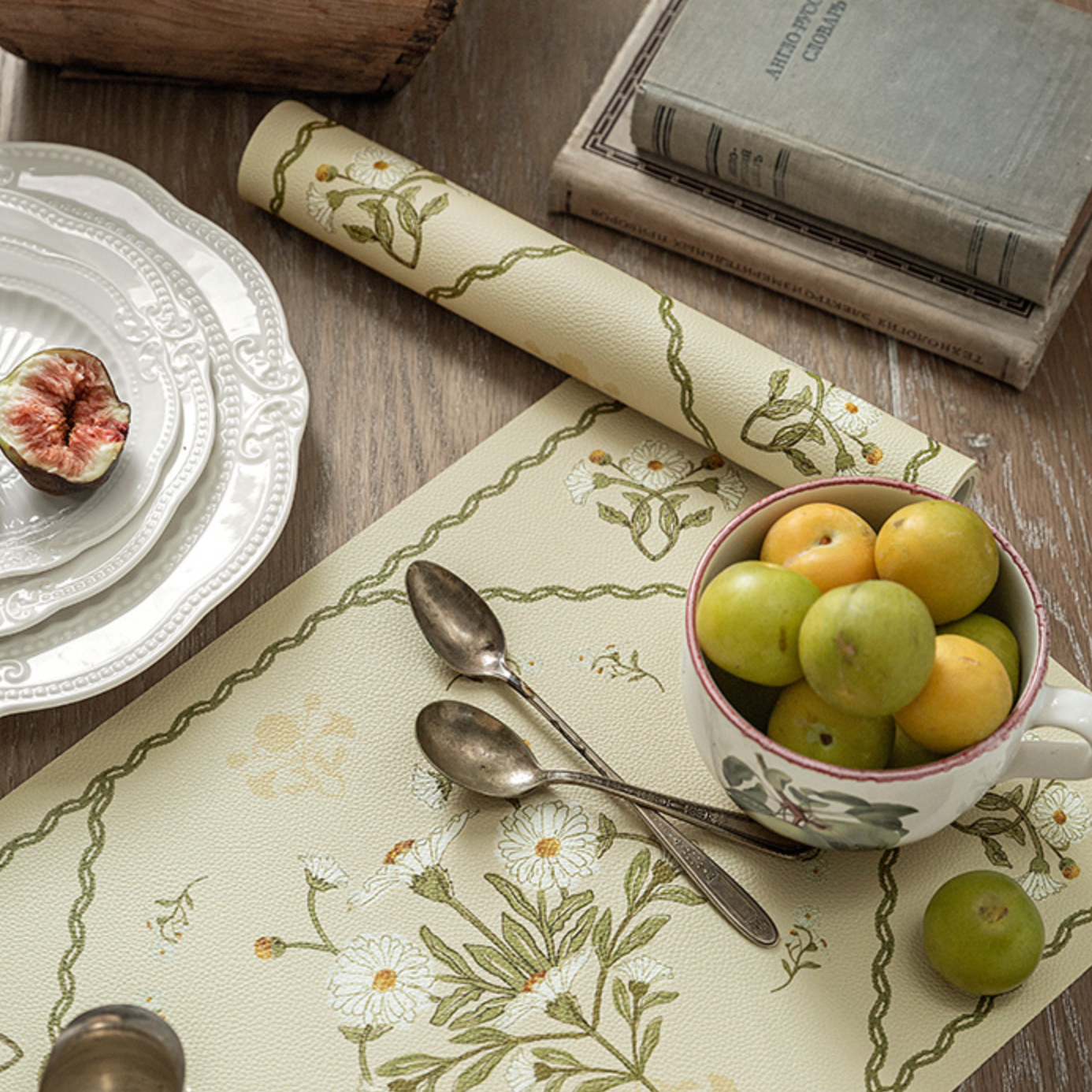 white flower place mat
