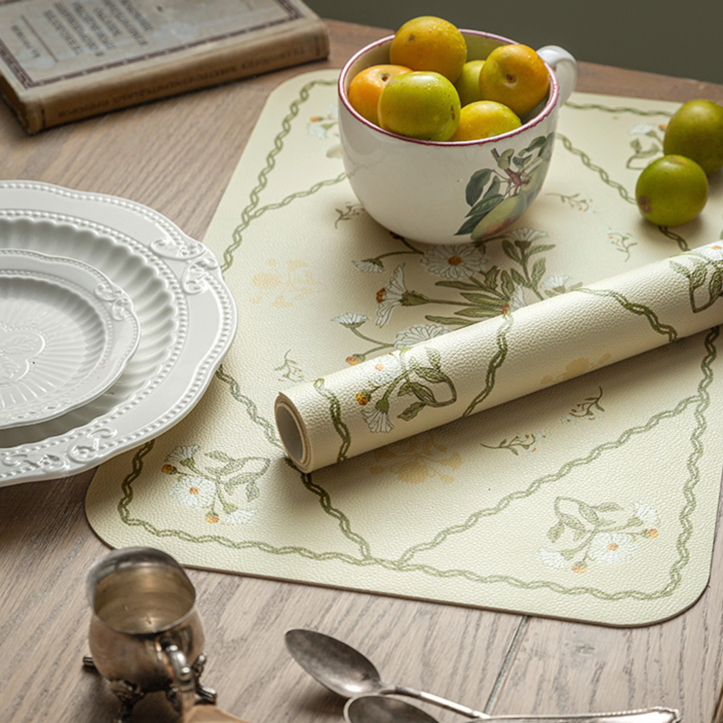 white flower place mat