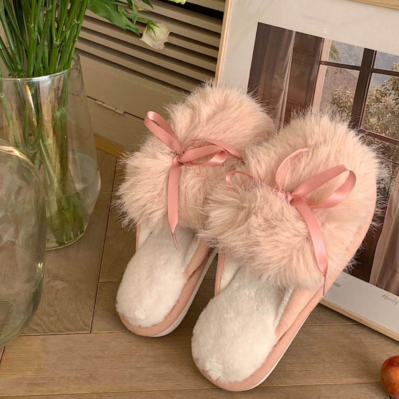3color fur ribbon roomshoes