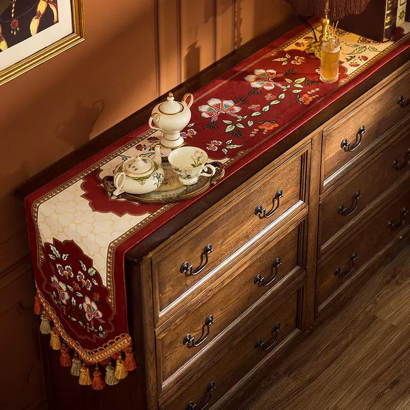2design dark red vintage flower table runner