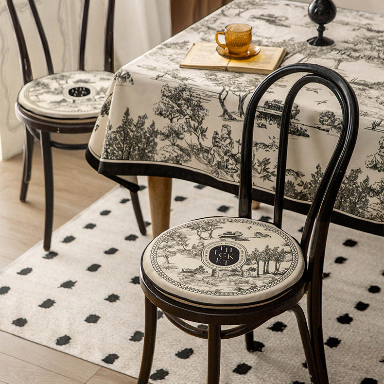 black toile de Jouy round cushion