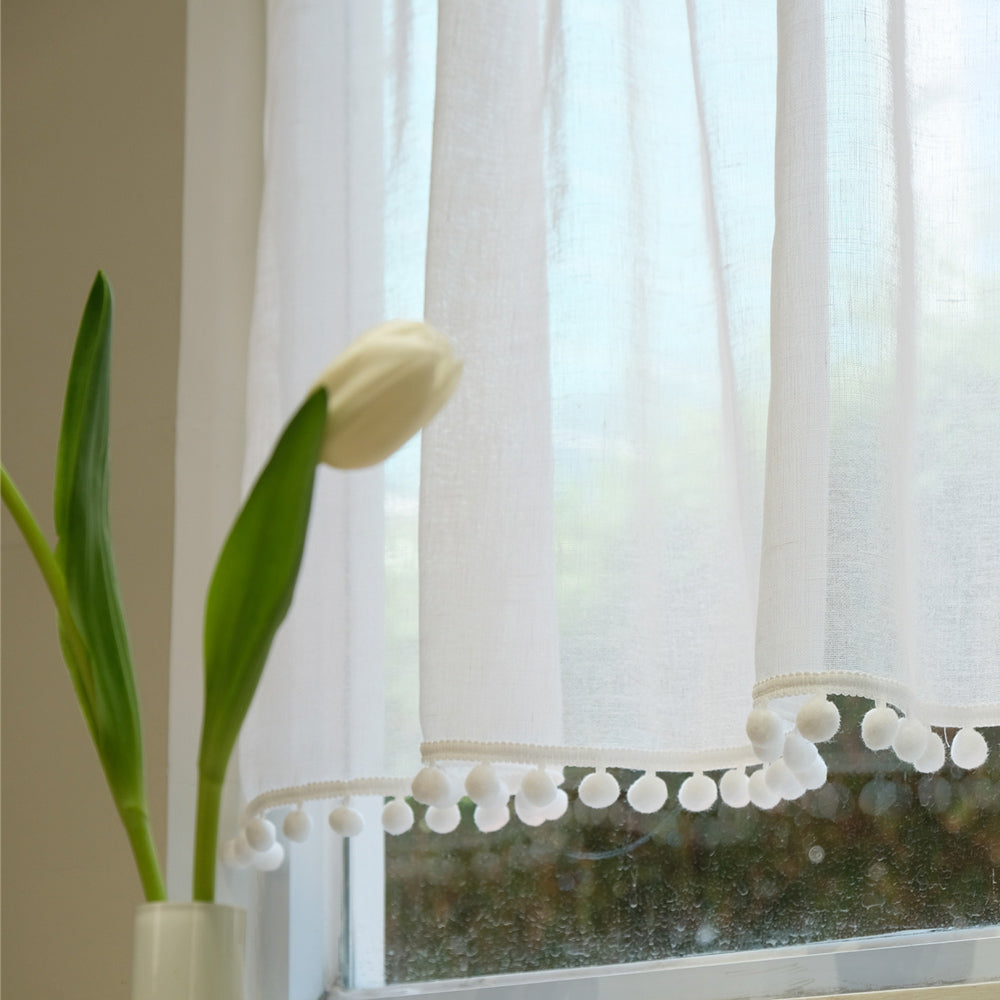 white cotton ponpon linen curtain