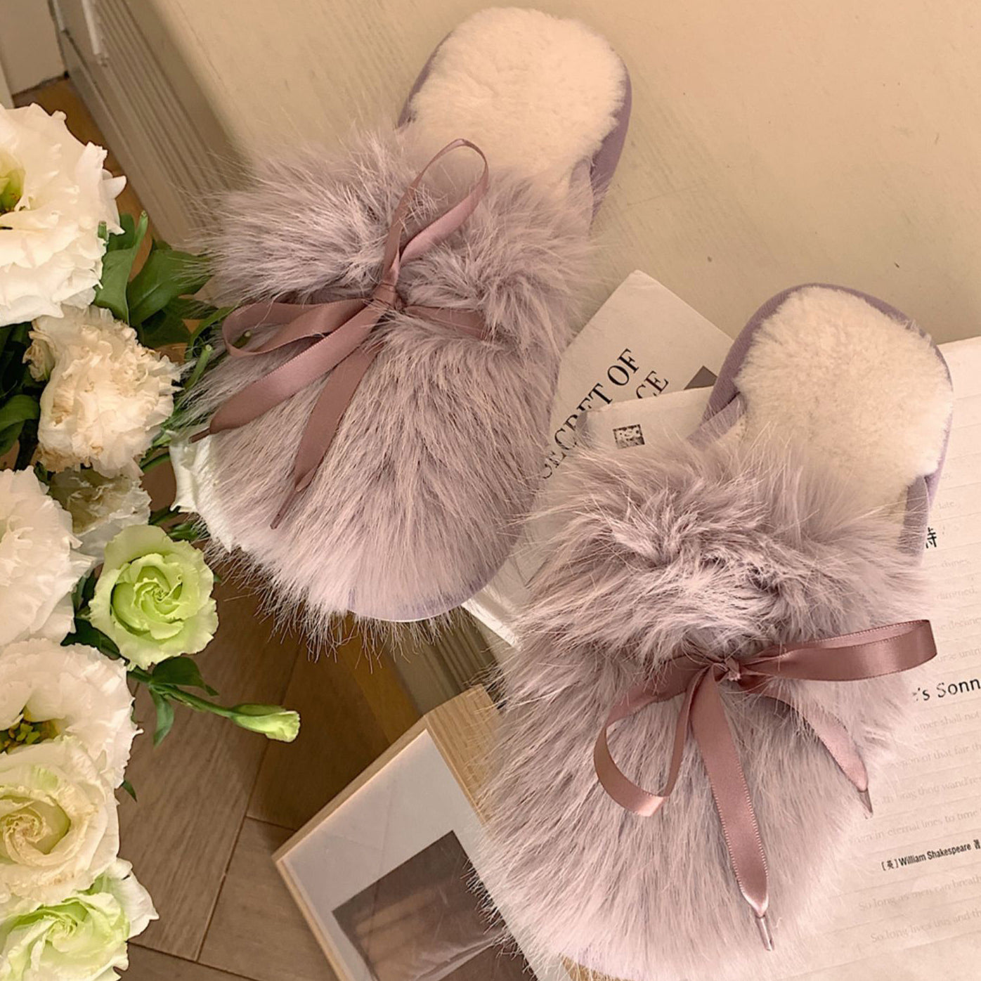 3color fur ribbon roomshoes