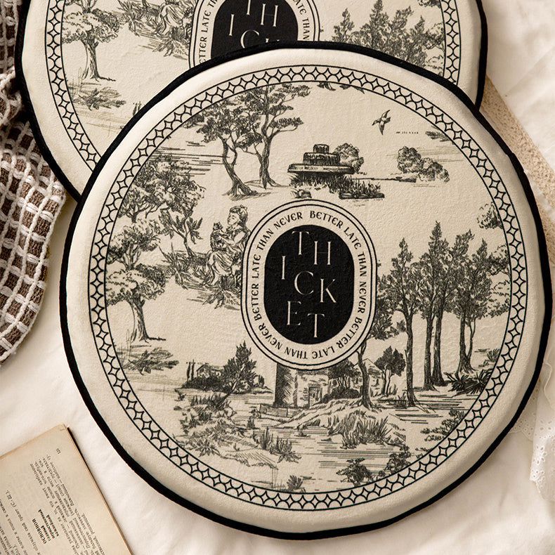 black toile de Jouy round cushion