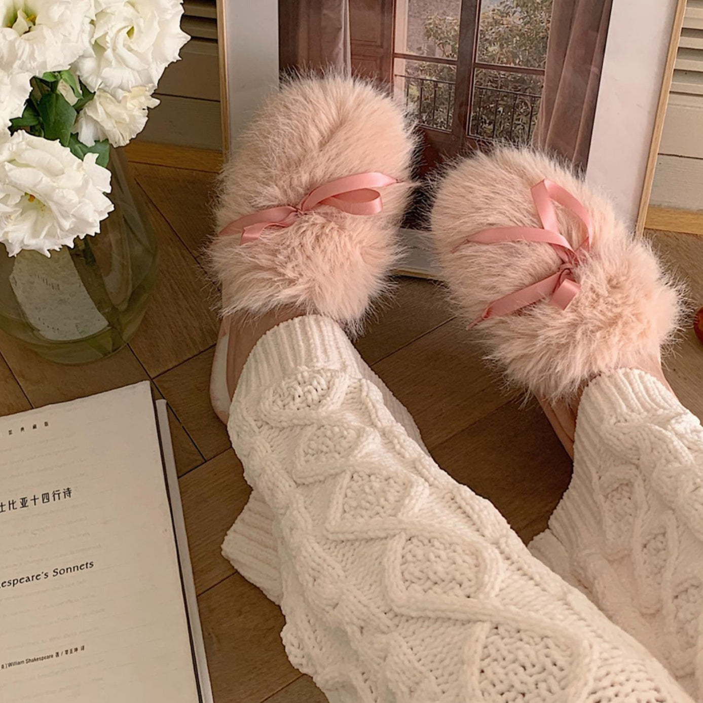 3color fur ribbon roomshoes