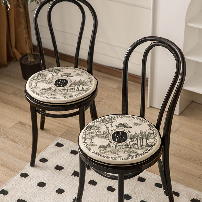 black toile de Jouy round cushion