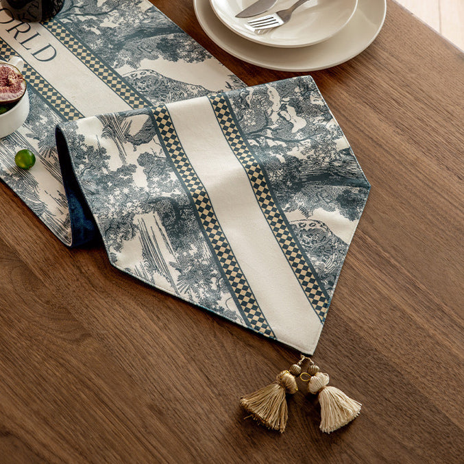 blue retro forest table runner