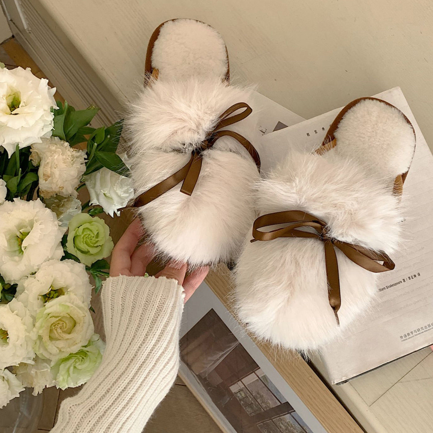 3color fur ribbon roomshoes