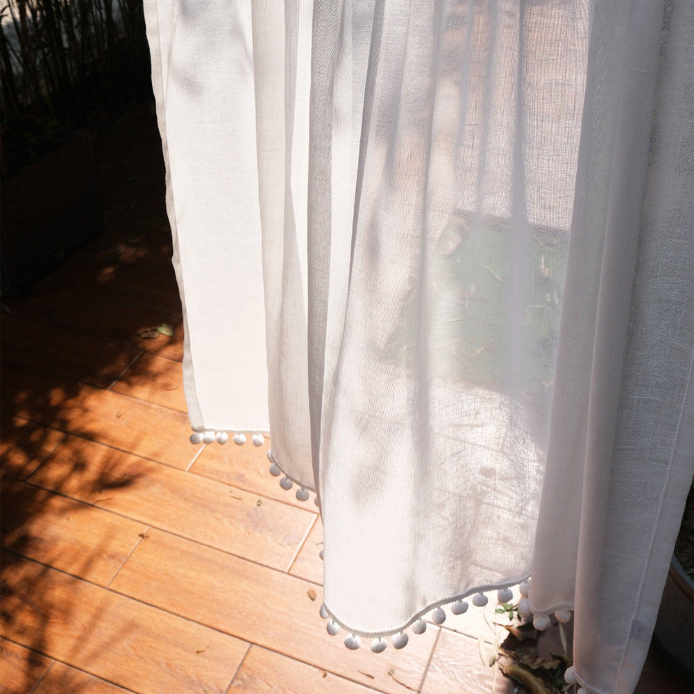 white cotton ponpon linen curtain