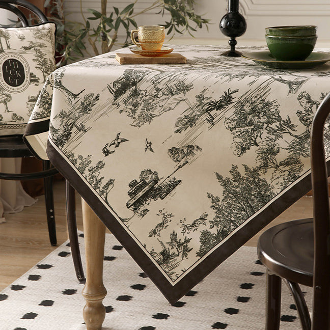 black toile de Jouy table cloth