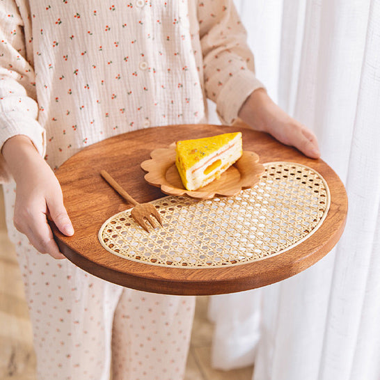 3color round rattan wood tray