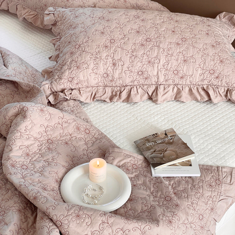 2color cotton flower quilt & pillow sheets set