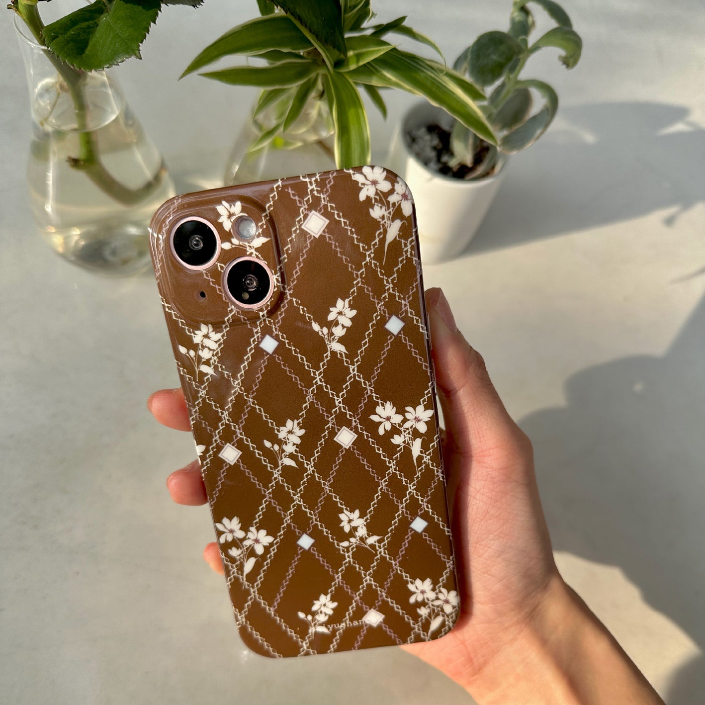brown check flower iPhone case