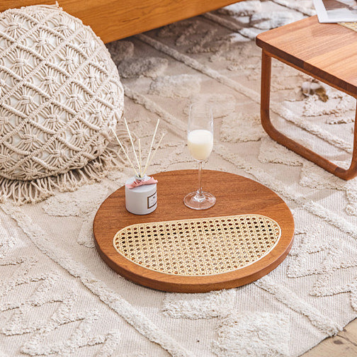 3color round rattan wood tray