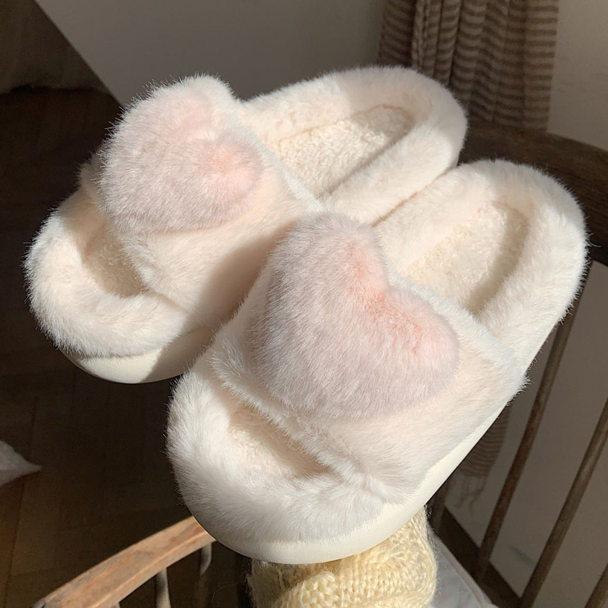 3color fur heart roomshoes