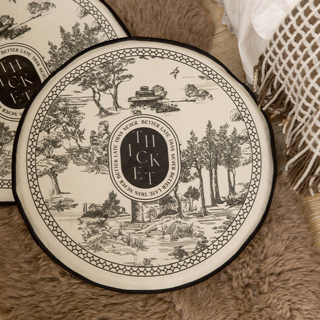 black toile de Jouy round cushion
