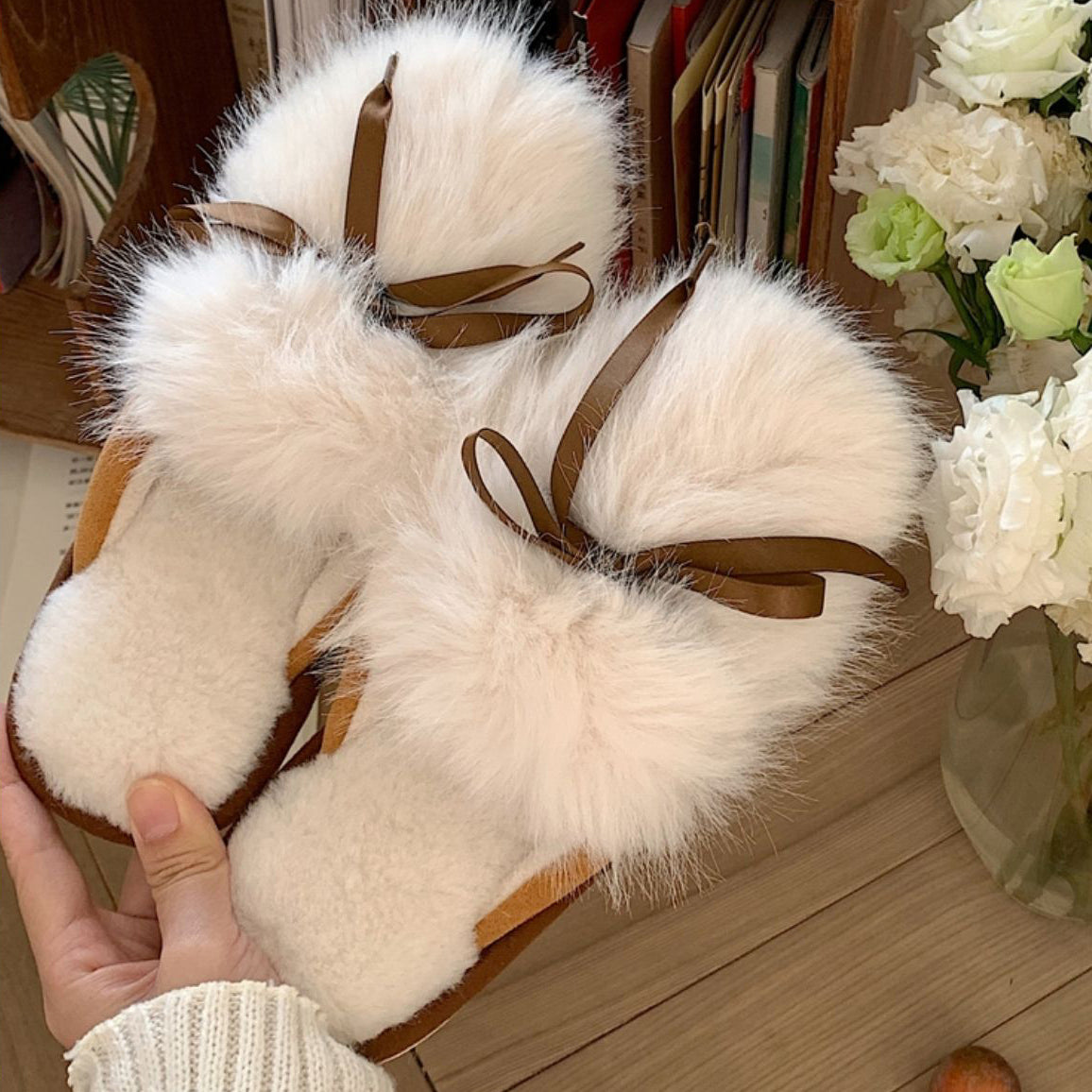 3color fur ribbon roomshoes