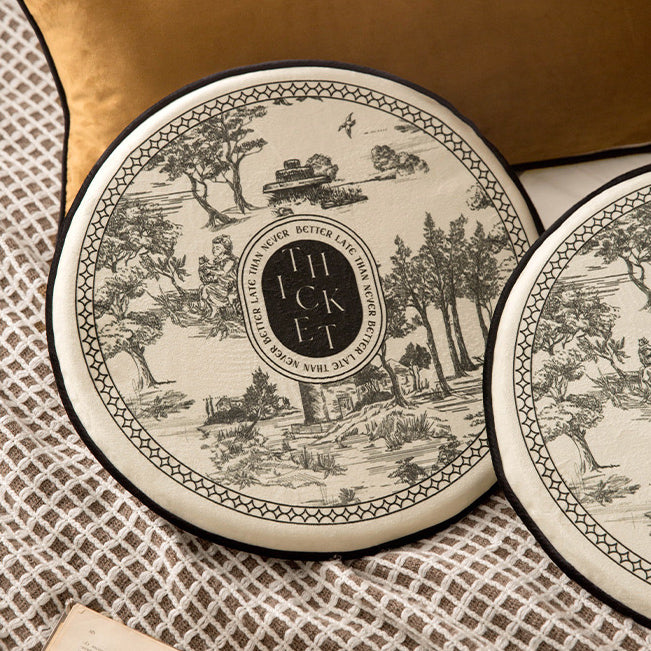 black toile de Jouy round cushion