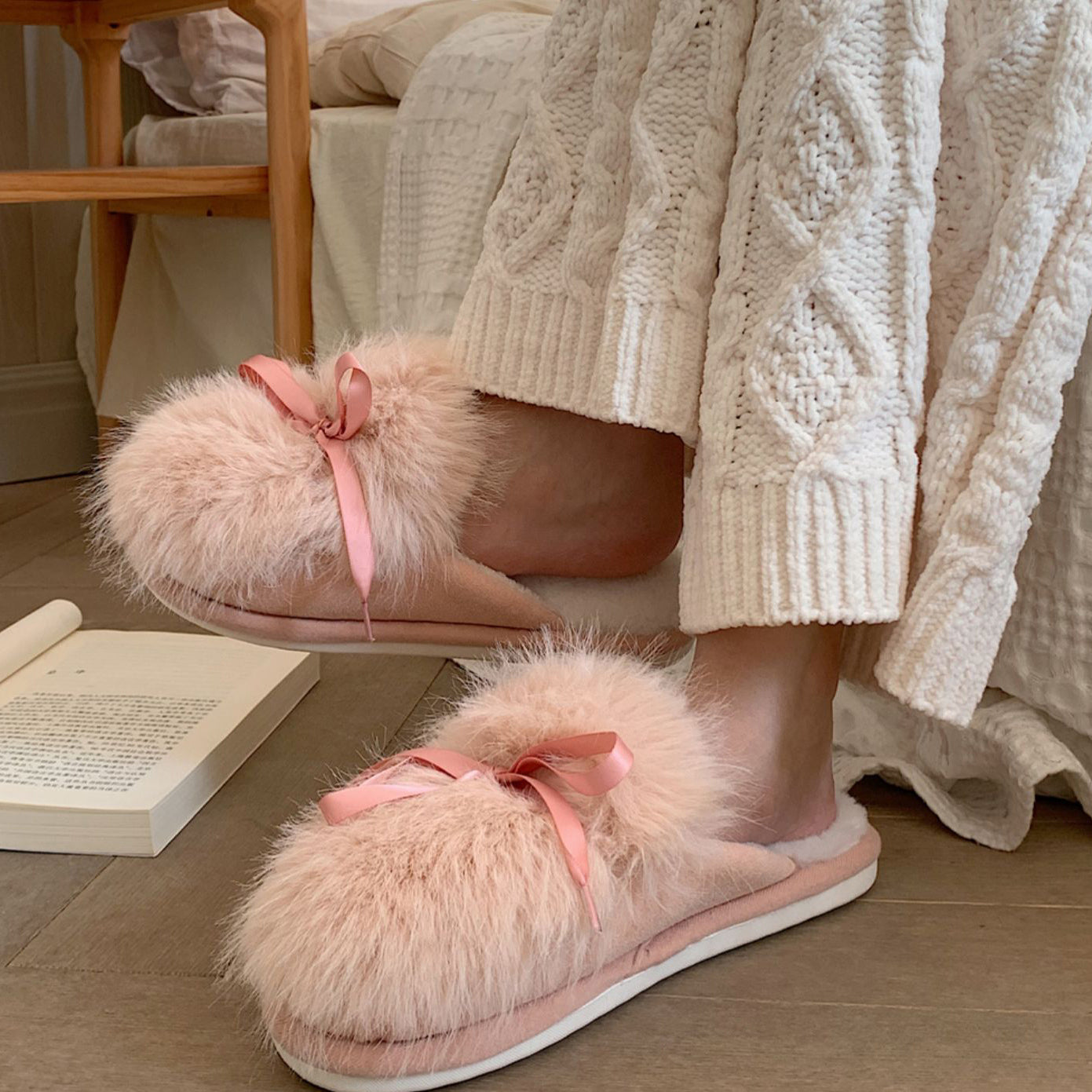 3color fur ribbon roomshoes