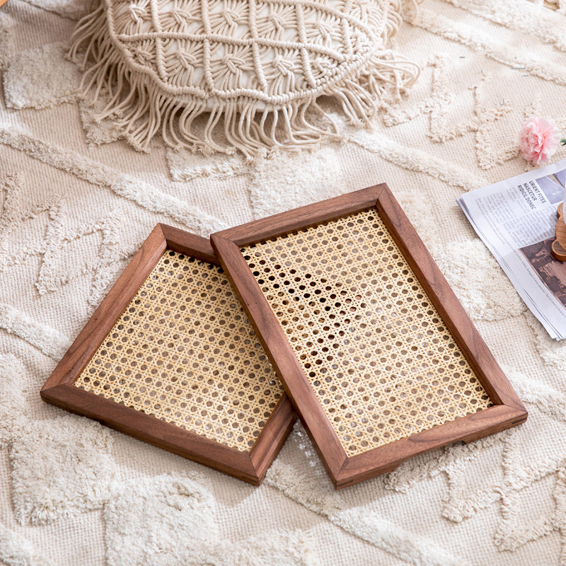 2color square rattan wood tray