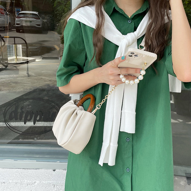 【即納】mini wood handle bag / white