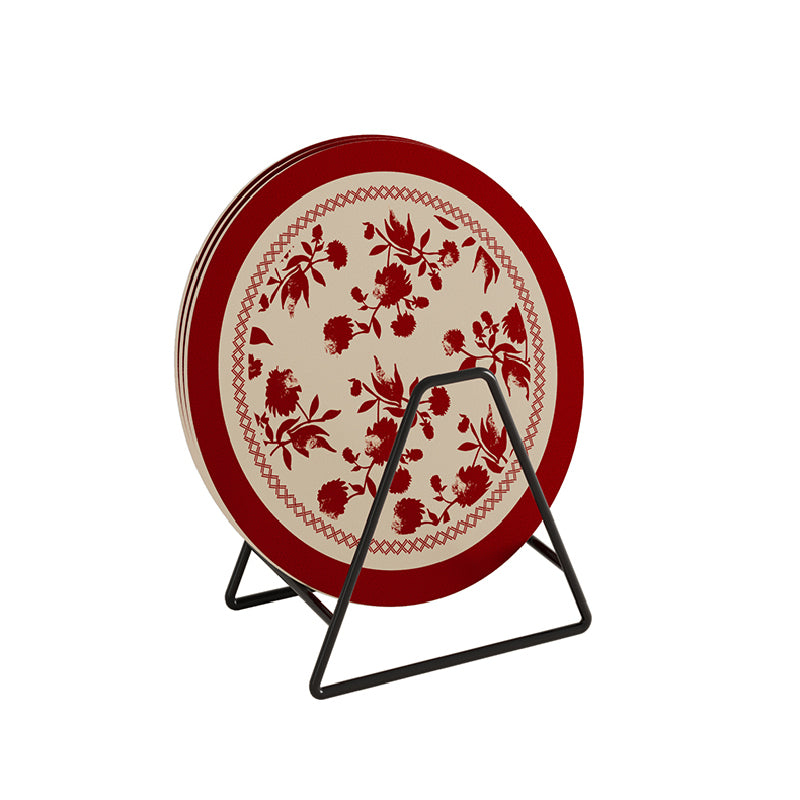 2design burgundy red fower round coaster