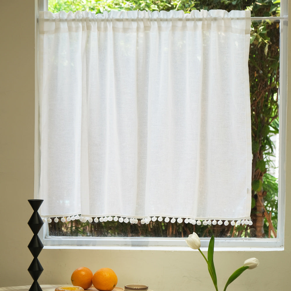 【即納】white cotton ponpon linen curtain / 幅100×高さ70cm