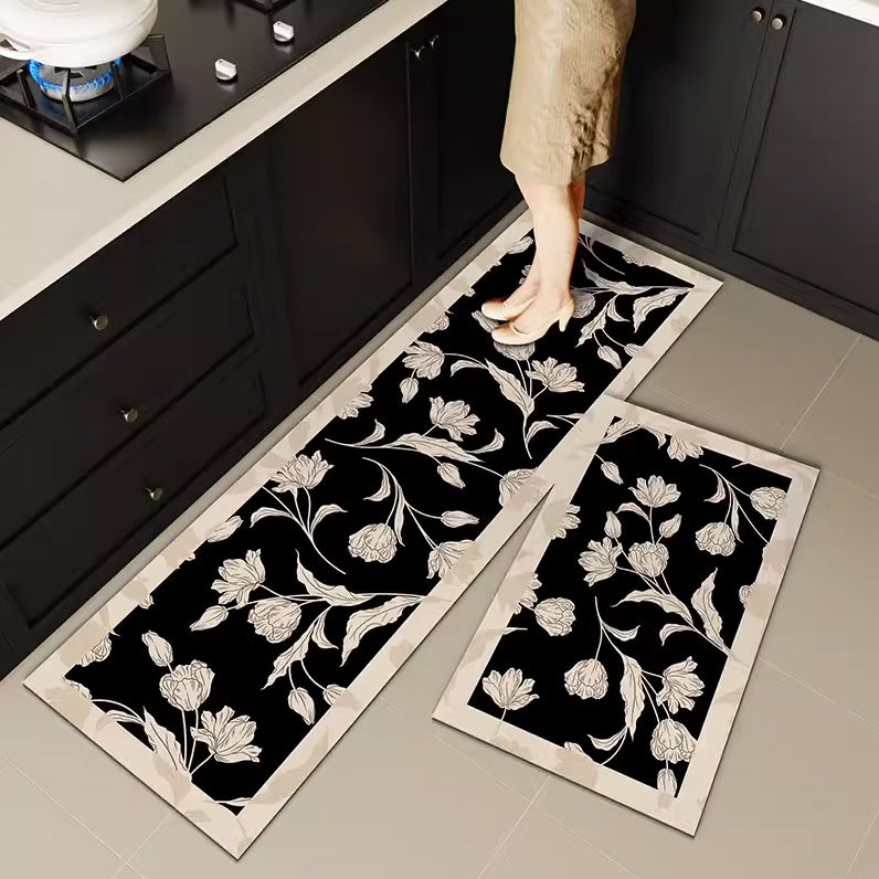 5design black flower kitchen mat