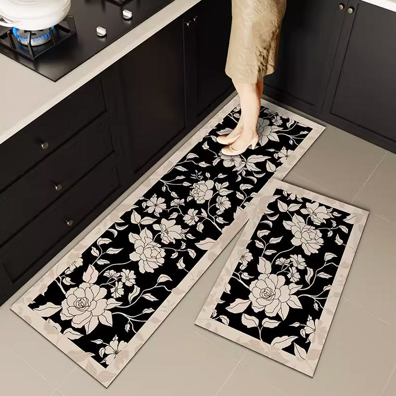 4design black flower kitchen mat