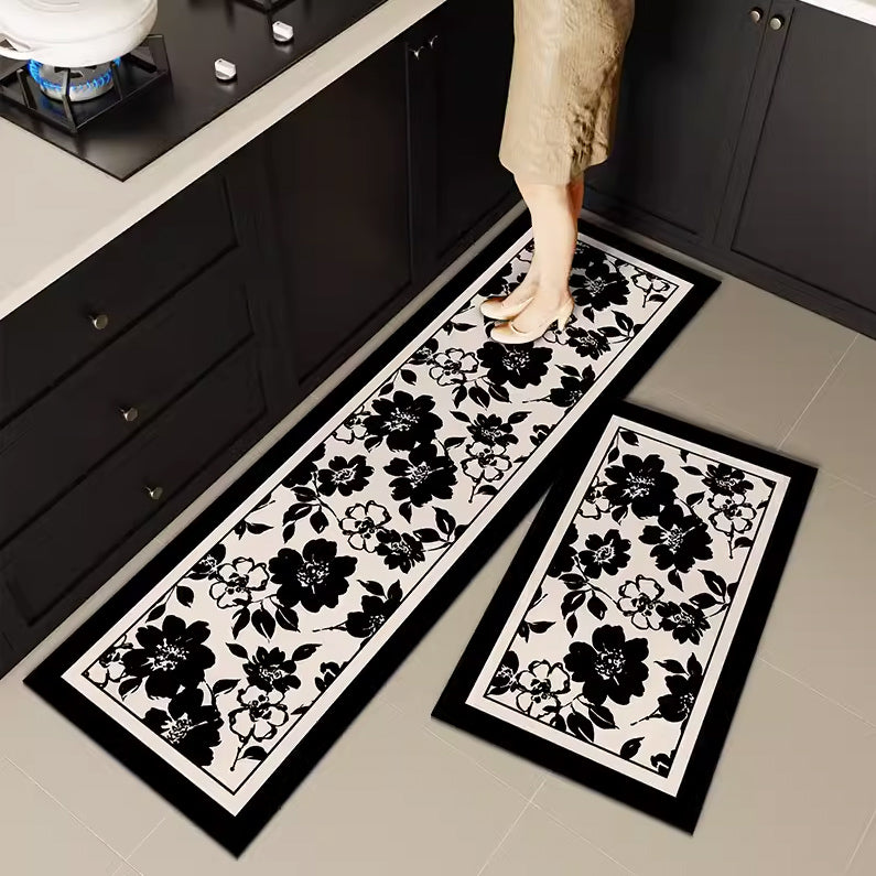 4design black flower kitchen mat