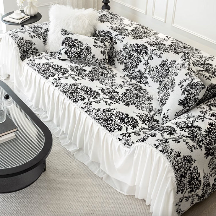black flower frill sofa cover