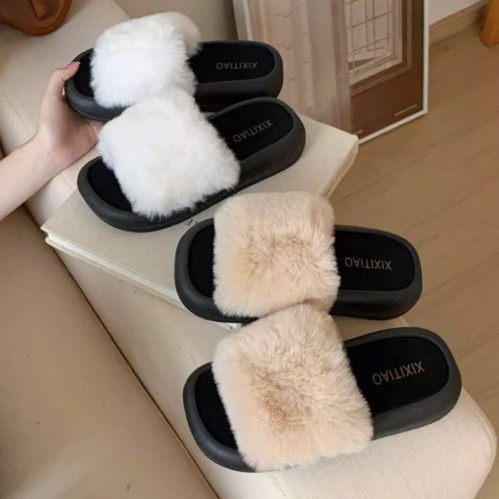 3color fur band room shoes