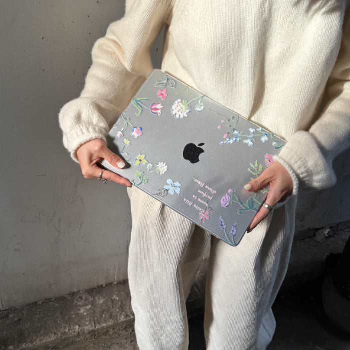 clear glitter flower Mac book case